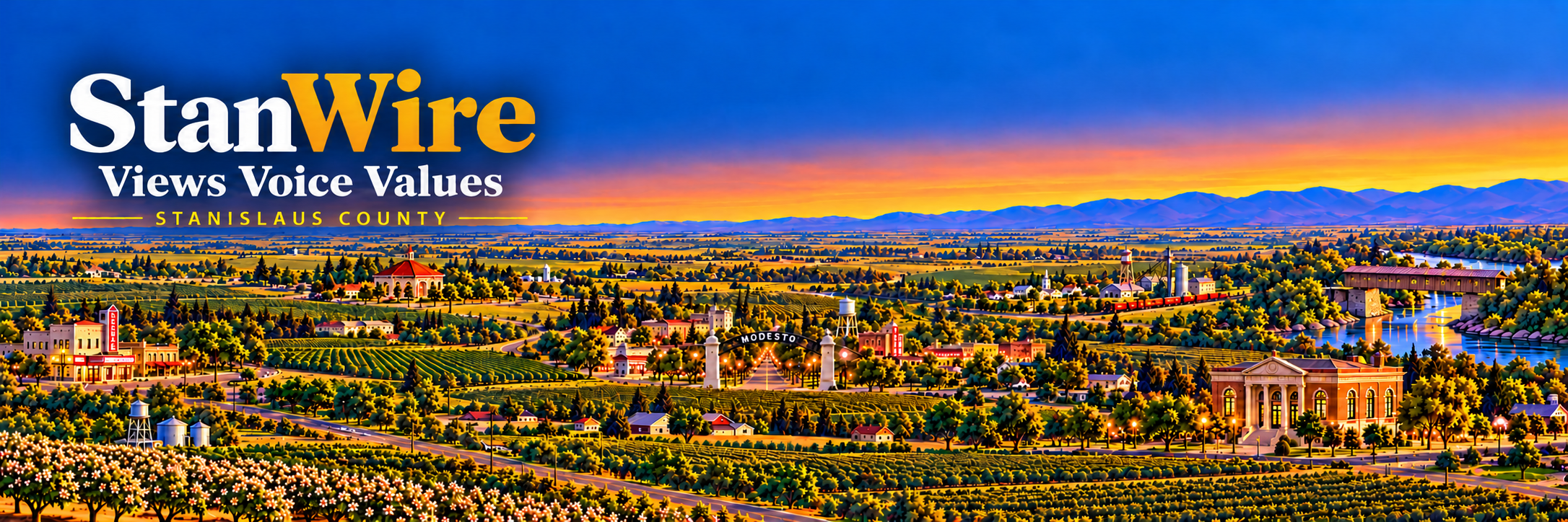 StanWire — Views Voice Values — illustrated panorama of Stanislaus County farms, orchards, river, and communities